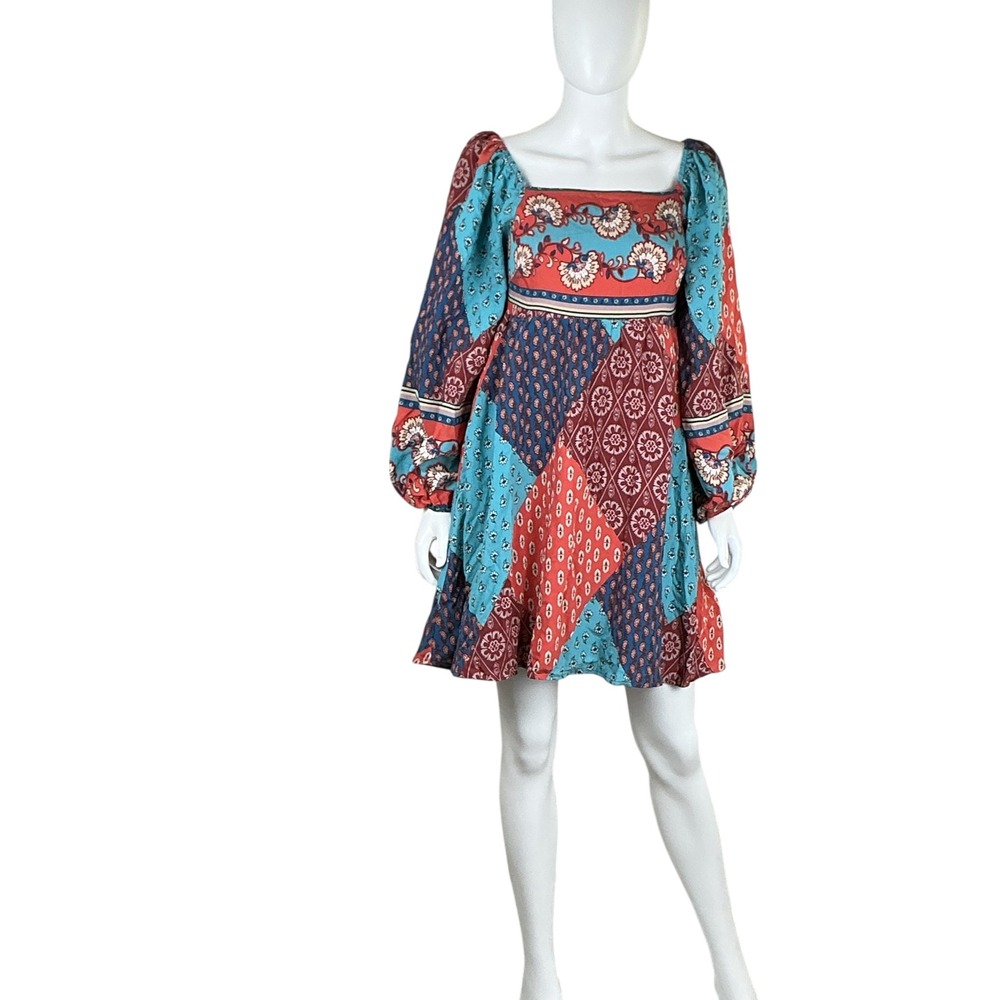 Merci Patchwork Square Neck Long Sleeve Mini Dres… - image 6